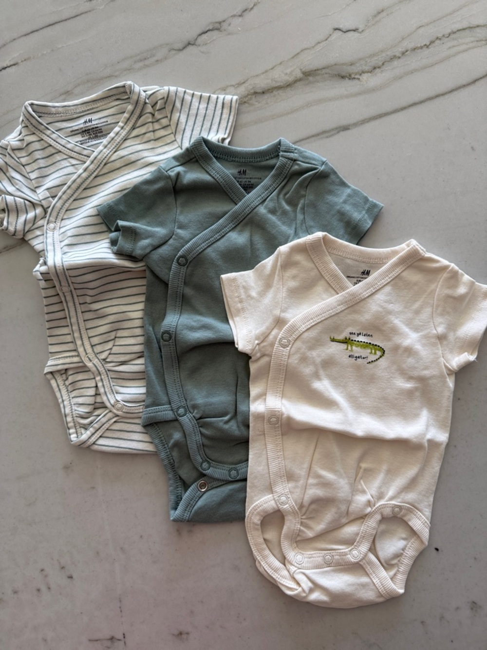 H&M Baby Wrap Bodysuits in Cream, Dusty Teal, and Striped